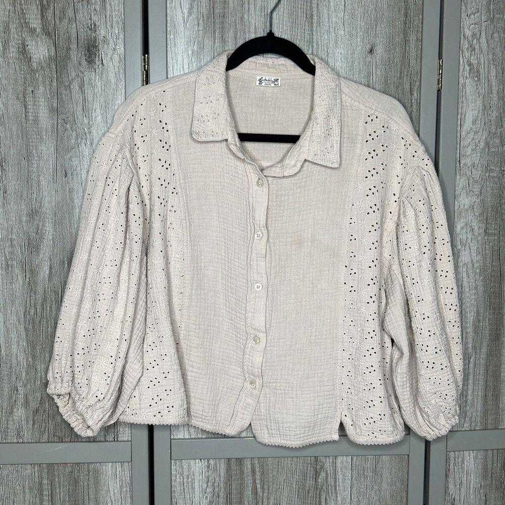 Free People Top Button Up Crop Eyelet Bohemian Peasant Cream